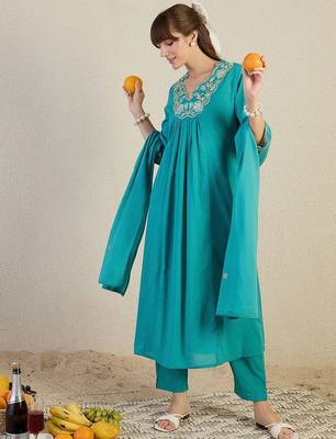 Women Embroidered Beads & Stones Cotton Kurta with Trousers & Dupatta 5