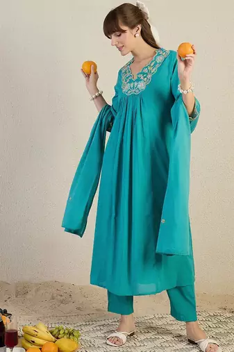 Women Embroidered Beads & Stones Cotton Kurta with Trousers & Dupatta