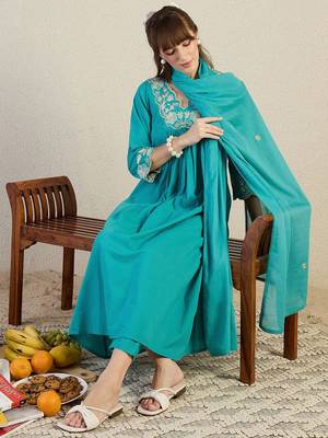 Women Embroidered Beads & Stones Cotton Kurta with Trousers & Dupatta 6