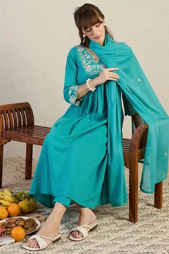 Women Embroidered Beads & Stones Cotton Kurta with Trousers & Dupatta
