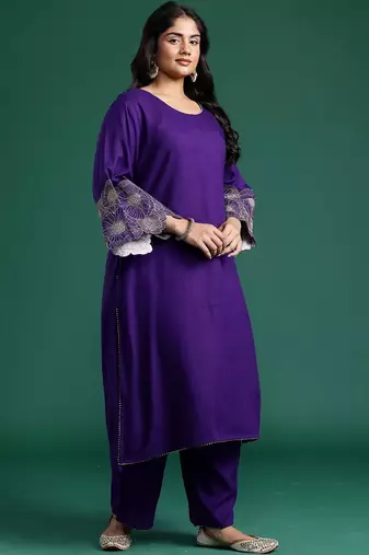 Plus Size Motifs Thread Work Kurta with Trousers