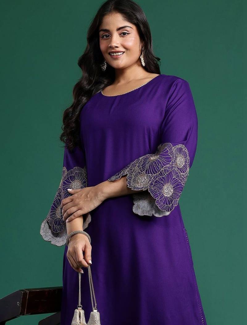 Plus Size Motifs Thread Work Kurta with Trousers