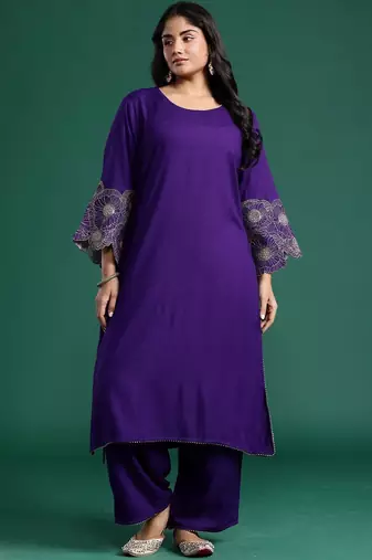 Plus Size Motifs Thread Work Kurta with Trousers