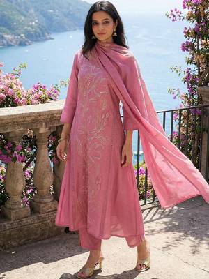 Women Floral Thread Work Kurta with Trousers & With Dupatta 1