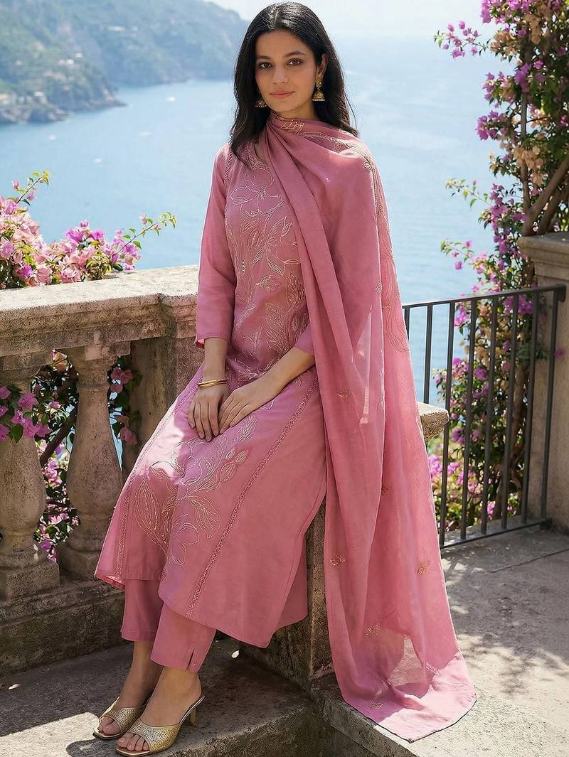 Women Floral Thread Work Kurta with Trousers & With Dupatta