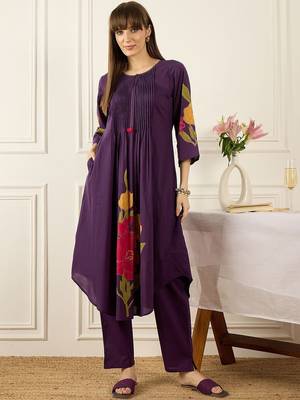 Floral Printed Thread Work Cotton Kurta With Palazzos 1