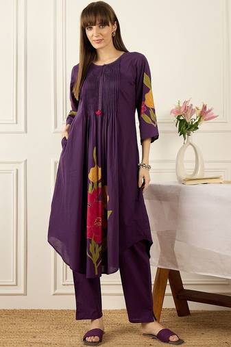 Floral Printed Thread Work Cotton Kurta With Palazzos