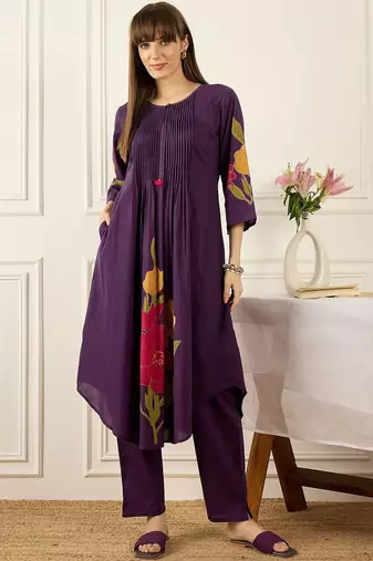 Floral Printed Thread Work Cotton Kurta With Palazzos