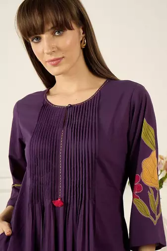 Floral Printed Thread Work Cotton Kurta With Palazzos