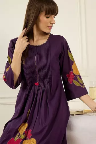 Floral Printed Thread Work Cotton Kurta With Palazzos
