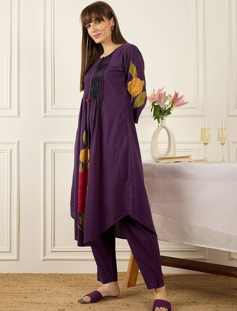 Floral Printed Thread Work Cotton Kurta With Palazzos