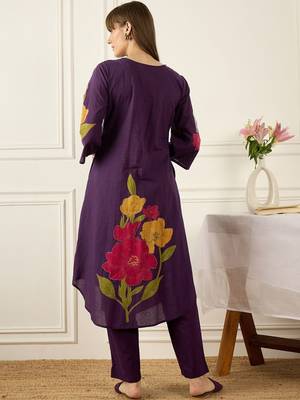Floral Printed Thread Work Cotton Kurta With Palazzos 5