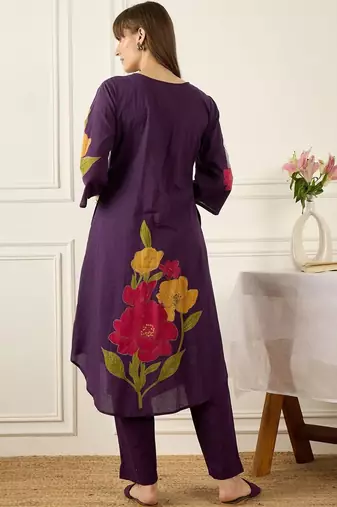 Floral Printed Thread Work Cotton Kurta With Palazzos
