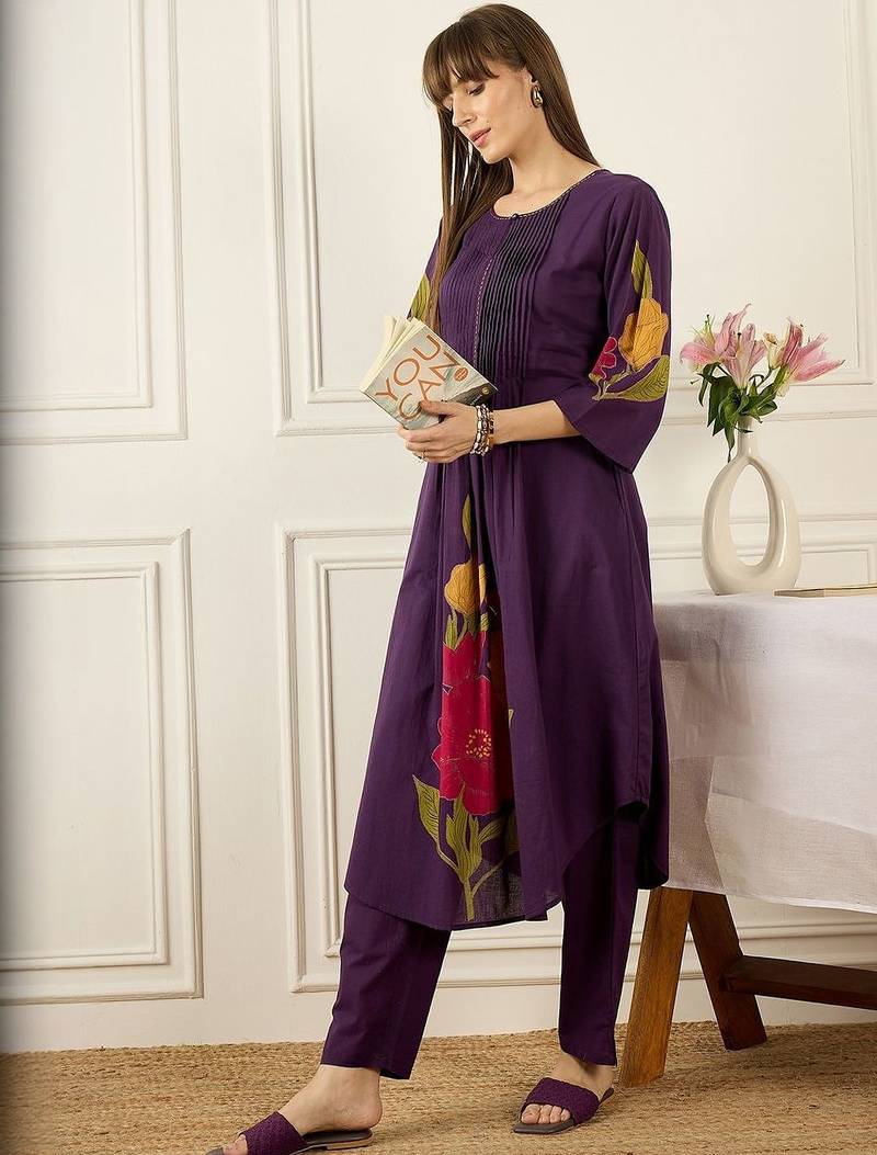 Floral Printed Thread Work Cotton Kurta With Palazzos