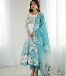  printed organza silk blend flared anarkali pant and dupatta set