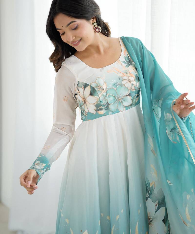  printed organza silk blend flared anarkali pant and dupatta set