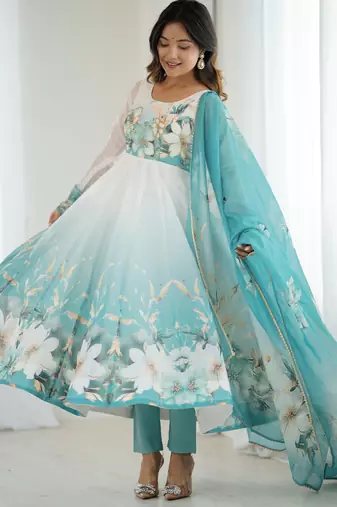  printed organza silk blend flared anarkali pant and dupatta set