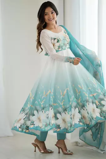  printed organza silk blend flared anarkali pant and dupatta set