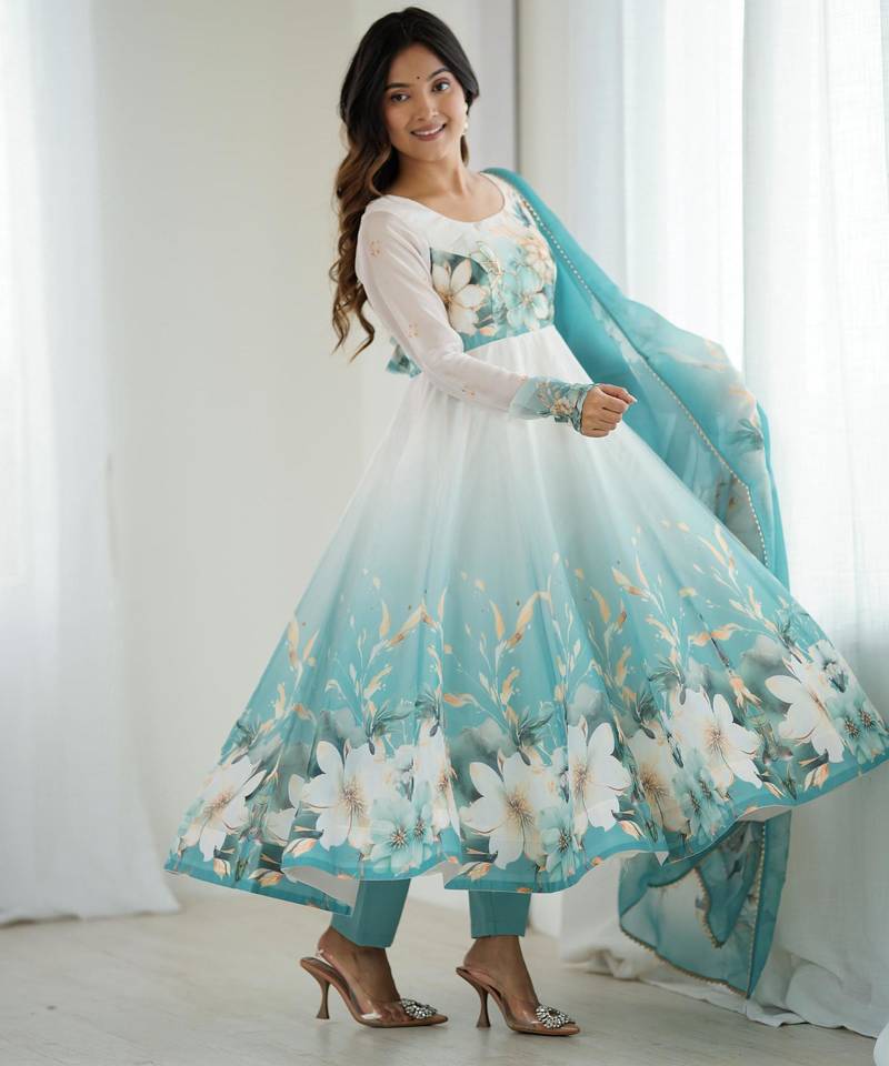  printed organza silk blend flared anarkali pant and dupatta set