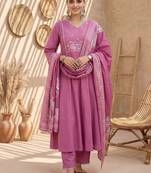 Women Floral Embroidered Thread Work Cotton Kurta with Trousers & With Dupatta