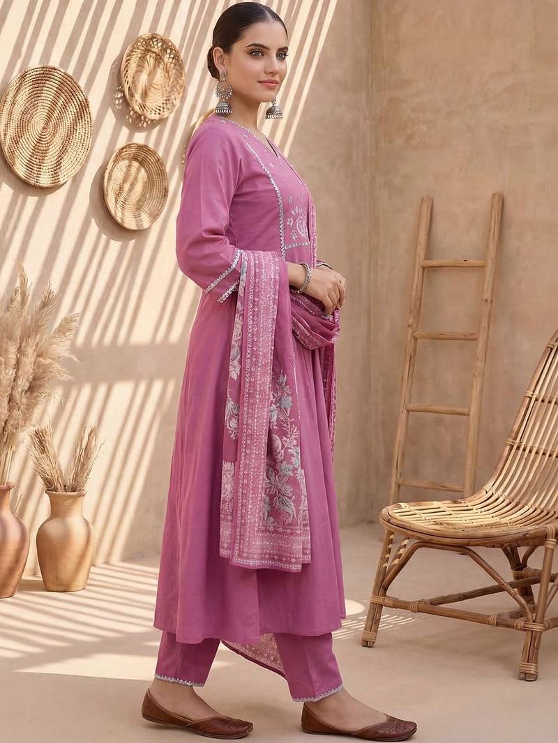 Women Floral Embroidered Thread Work Cotton Kurta with Trousers & With Dupatta