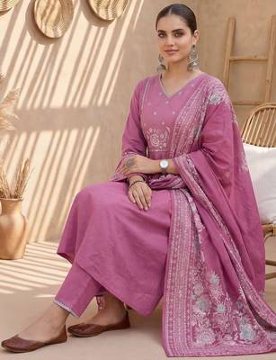 Women Floral Embroidered Thread Work Cotton Kurta with Trousers & With Dupatta 5