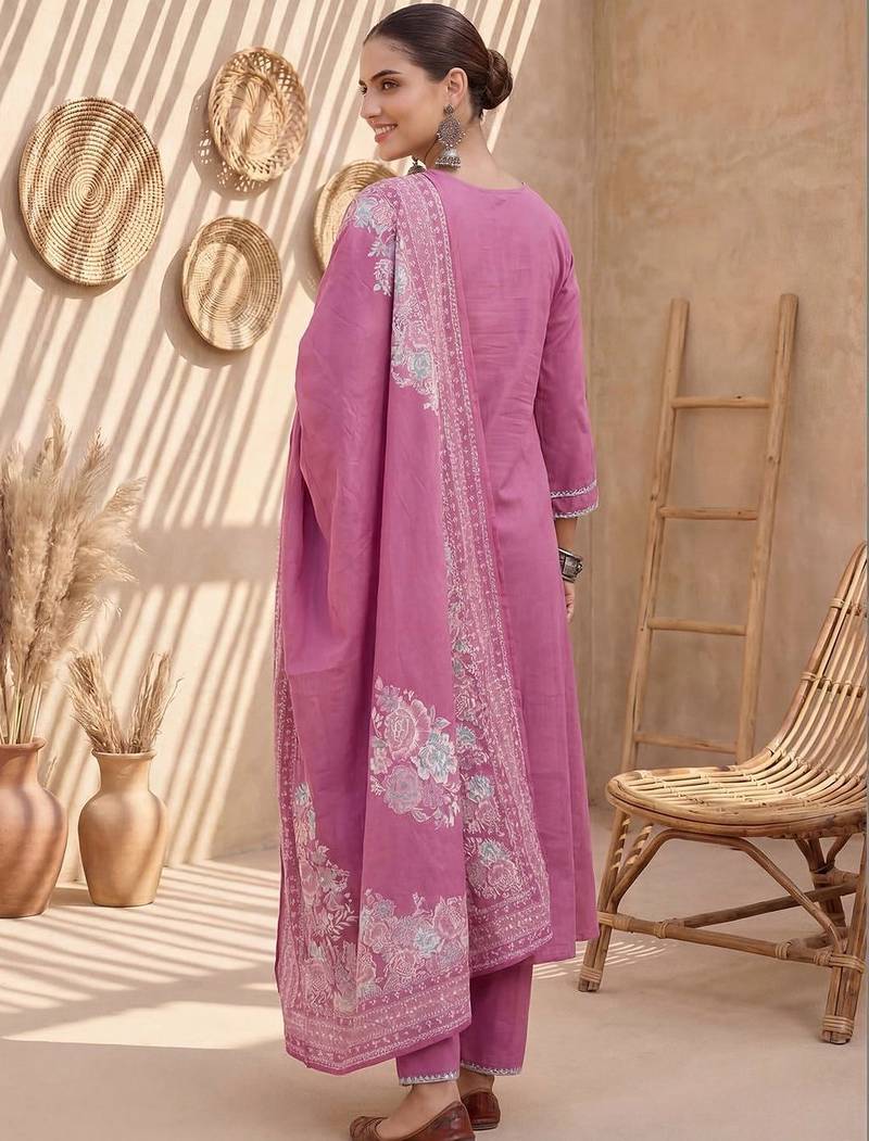 Women Floral Embroidered Thread Work Cotton Kurta with Trousers & With Dupatta