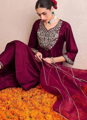Women Floral Embroidered Pleated Thread Work Liva Kurta with Palazzos & With Dupatta 1