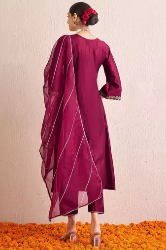 Women Floral Embroidered Pleated Thread Work Liva Kurta with Palazzos & With Dupatta