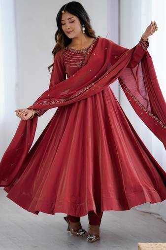  embroidery chanderi silk blend flared anarkali pant and dupatta set