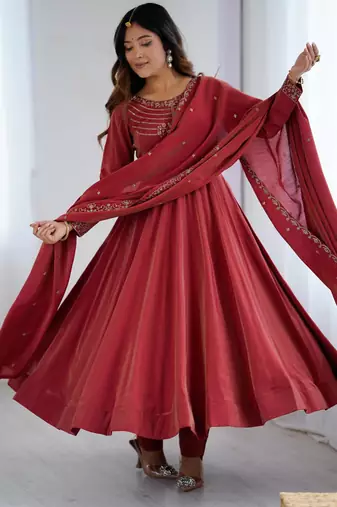  embroidery chanderi silk blend flared anarkali pant and dupatta set