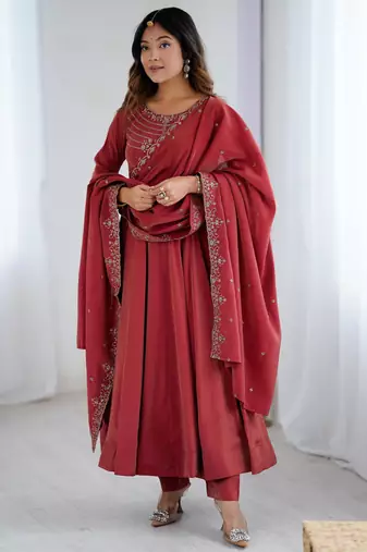  embroidery chanderi silk blend flared anarkali pant and dupatta set