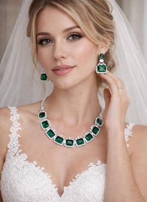 emerald green bridal jewellery set, silver rhinestone necklace earrings, wedding statement set 1