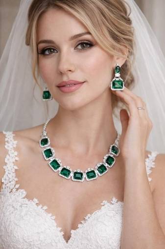 emerald green bridal jewellery set, silver rhinestone necklace earrings, wedding statement set
