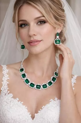 emerald green bridal jewellery set, silver rhinestone necklace earrings, wedding statement set