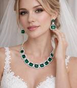 emerald green bridal jewellery set, silver rhinestone necklace earrings, wedding statement set