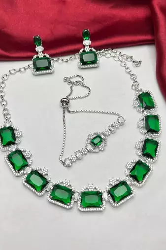emerald green bridal jewellery set, silver rhinestone necklace earrings, wedding statement set