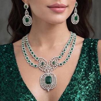 emerald green zircon necklace set  silver plated rani haar, bridal statement jewellery 1
