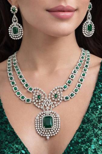 emerald green zircon necklace set  silver plated rani haar, bridal statement jewellery