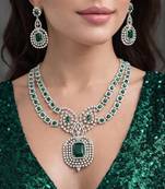 emerald green zircon necklace set  silver plated rani haar, bridal statement jewellery