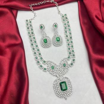emerald green zircon necklace set  silver plated rani haar, bridal statement jewellery 2