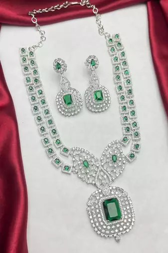 emerald green zircon necklace set | silver plated rani haar, bridal statement jewellery