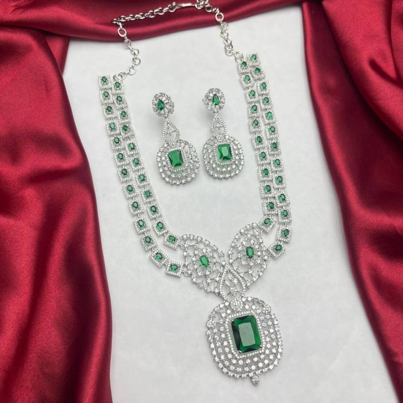 emerald green zircon necklace set  silver plated rani haar, bridal statement jewellery