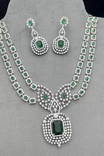 emerald green zircon necklace set | silver plated rani haar, bridal statement jewellery