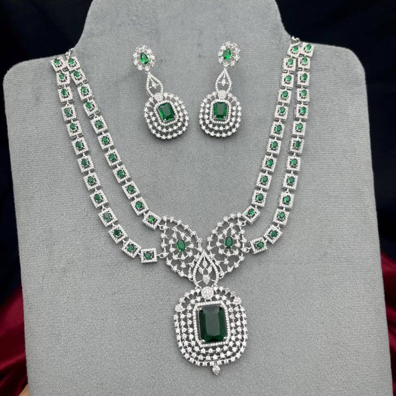 emerald green zircon necklace set  silver plated rani haar, bridal statement jewellery