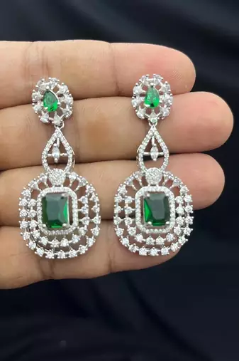 emerald green zircon necklace set | silver plated rani haar, bridal statement jewellery