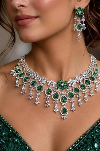 emerald green bridal necklace set  silver cz teardrop statement jewellery