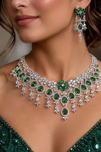 emerald green bridal necklace set  silver cz teardrop statement jewellery