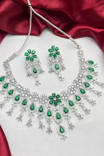 emerald green bridal necklace set  silver cz teardrop statement jewellery