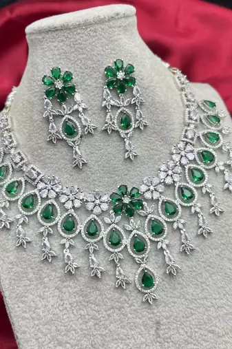 emerald green bridal necklace set  silver cz teardrop statement jewellery